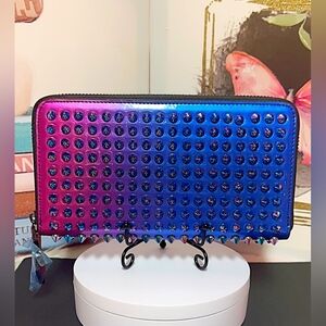 Christian Louboutin Patent Scarabe Spikes Panettone Zip Around Wallet Rose Digi